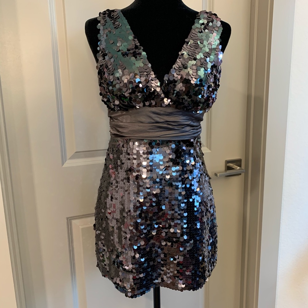 Gray Double V Neck Large Sequined Dress